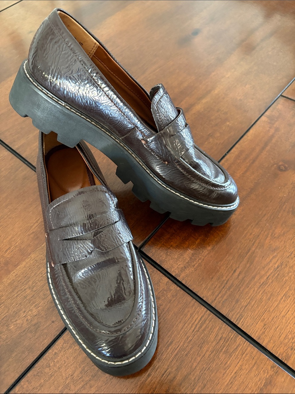 Franco Sarto Dark Brown Patent Penny Loafers Women’s chunky sole.